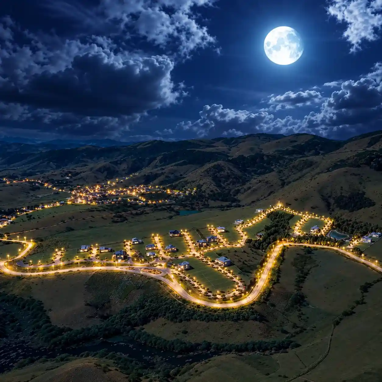 Residencial à noite com iluminação das vias